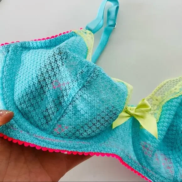 NEW VS VICTORIAS SECRET Blue Pink Yellow Sheer Mesh Lace Bow Underwire Bra 32D